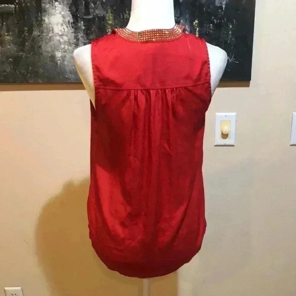 Michael Kors Red Sleeveless Beaded Neck Tie Top with Button Front Size Small